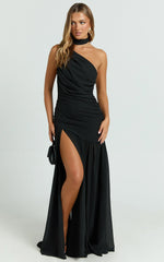 Enya Maxi Dress - One Shoulder Neck Tie Ruched High Split Dress in Black