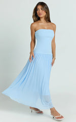 Cherie Midi Dress - Strapless Drop Waist Dress in Blue