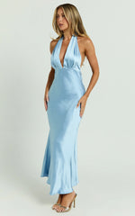 Aiyana Midi Dress - Halter Neck Satin Dress in Blue