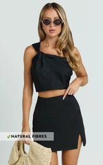 Mindy Mini Skirt - Linen Look A Line Side Split Skirt in Black