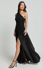 Darcy Maxi Dress - One Shoulder Side Cut Out Gathered Dress in Black