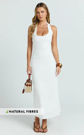 Murray Midi Dress - Deep U Halter Neck Dress in White