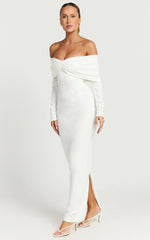 Rani Maxi Dress - Off Shoulder Long Sleeve Bodycon Dress in Off White