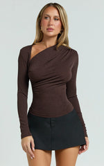 Hillary Top - Asymmetric Ruched Side Jersey Top in Chocolate Brown