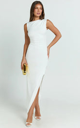 Bel Maxi Dress - Asymmetrical Ruched Side Fitted Dress in White