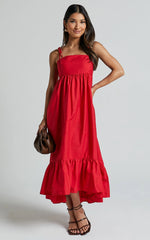 Aveiro Midi Dress - Straight Neck Shoulder Tie High Low Ruffle Hem in Red