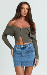 Carlson Top - Off Shoulder Knit Front Zip Top in Dark Khaki