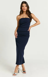 Calanthe Midi Dress - Strapless Tuck Detail Dress in Navy