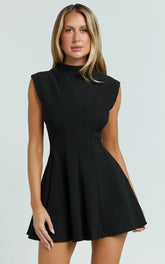 Becky Mini Dress - High Neck Sleeveless Fit And Flare Dress in Black