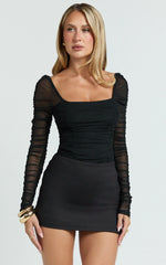 Casen Bodysuit - Long Sleeve Ruched Mesh Bodysuit in Black