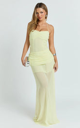 Hudgens Maxi Dress - Georgette Halter Draped Skirt Dress in Lemon