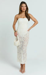 Emilee Midi Dress - Strapless Jersey Bodysuit Sheer lace Column Dress in White