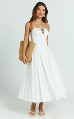 Bambi Midi Dress - Embroidered Strapless Lace Up Fit And Flare Dress in White