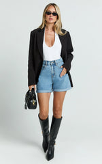 Cristiana Shorts - High Waisted Cuffed Denim in Blue