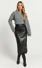 Chantel Midi Skirt - High Waist Ruched Faux Leather Skirt in Black