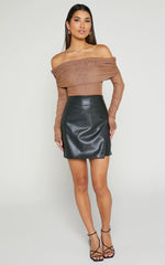 Jaythen Bodysuit - Long Sleeve Off Shoulder Ruched Mesh Bodysuit in Mocha