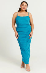 Rosalez Midi Dress - Strappy Ruched Bodycon Dress in Blue
