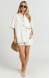 Rhianna Top - Oversized Recycled Denim Short Sleeve Shirt in Ecru with Contrast Tobacco Stitch