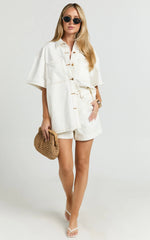 Rhianna Top - Oversized Recycled Denim Short Sleeve Shirt in Ecru with Contrast Tobacco Stitch