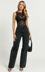 Miho Jeans - High Waisted Recycled Cotton Distressed Straight Leg Denim Jeans in Washed Black