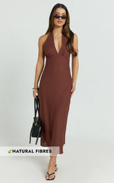 Adele Midi Dress - Halter Plunge Bias Cut Dress in Chocolate