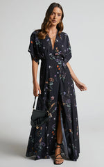 Erenza Maxi Dress - Extended Sleeve Wrap Dress in Black Flower Field