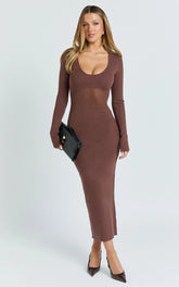 Odessa Midi Dress - U Neck Long Fitted Sleeve Sheer Waist Fitted Knit Dress in Chocolate