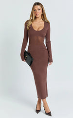 Odessa Midi Dress - U Neck Long Fitted Sleeve Sheer Waist Fitted Knit Dress in Chocolate