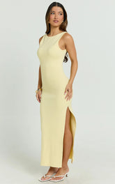 Perrie Midi Dress - High Neck Sleeveless Scoop Back Fitted Leg Split Skirt Dress in Lemon