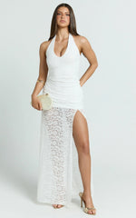 Ellen Midi Dress - Plunge Neck Lace Frill Hem Dress in White