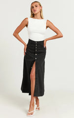 Alisa Midi Skirt - Button Through A Line Denim in Black Wash