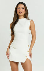 Langley Mini Dress - Sleeveless High Neck Faux Wrap Tulip Dress in Cream