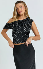 Blanca Top - One Shoulder Bias Cut Top in Black Polka Dot