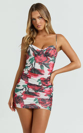 Augustine Mini Dress - Sweetheart Ruched Bodycon Dress in Rose Blanca