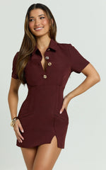 Charity Mini Dress - Placket Front Fitted Shirt Dress in Mahogany