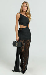 Ferguson Maxi Dress - One Shoulder Draped Jersey and Lace Dress in Black