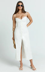 Anessa Midi Dress - Button Front Bustier Fitted Dress in White