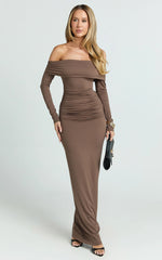 Emilie Maxi Dress - Off Shoulder Long Sleeve Ruched Jersey Dress in Dark Brown