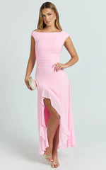 Judee Midi Dress - One Shoulder High Side Split Dress in Pink