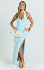 Ruby Maxi Dress - Halter Scoop Neck Low Back Bodycon Dress in Light Blue