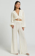 Jondra Blouse - Ruched Front Long Sleeve Plisse Blouse in Cream