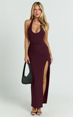 Ruby Maxi Dress - Halter Scoop Neck Low Back Bodycon Dress in Wine