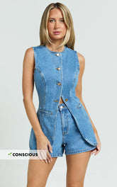Rhianna Top - Button Down Longline Recycled Denim Vest Top in Mid Blue Wash