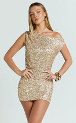 Nora Mini Dress - One Shoulder Blouson Fitted Dress in Gold