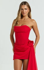 Riley Mini Dress - Strapless Draped Corset Bodycon Dress in Red