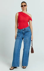 Amaya Top - Off Shoulder Twist Asymmetrical Sleeve Top in Red