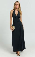 Roseville Maxi - Wrap Front Halter Dress with Hardware Detail in Black