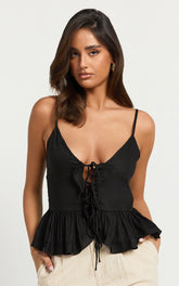 Maya Top - Linen Tie Front Ruffle Hem Top in Black