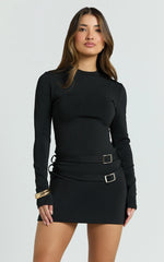 Diane Mini Dress - High Neck Double Belt Long Sleeve Bodycon Dress in Black