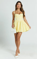Eden Mini Dress - Jacquard Sweetheart Neck Lace Up Fit And Flare Dress in Yellow